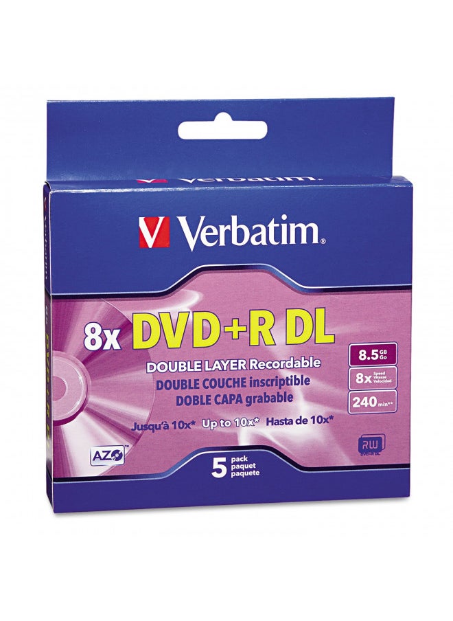 Verbatim DVD+R DL 8.5GB 8X AZO with Branded Surface - 5pk Jewel Case Box - 95311, Silver