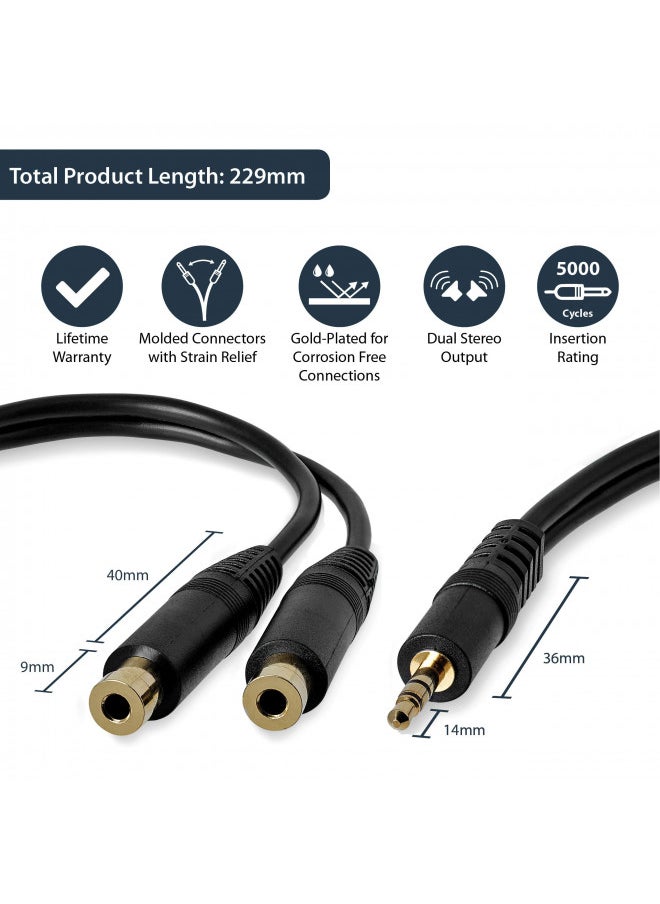 StarTech.com 6 in. 3.5mm Audio Splitter Cable - Stereo Splitter Cable - Gold Terminals - 3.5mm Male to 2x 3.5mm Female - Headphone Splitter (MUY1MFF),Black