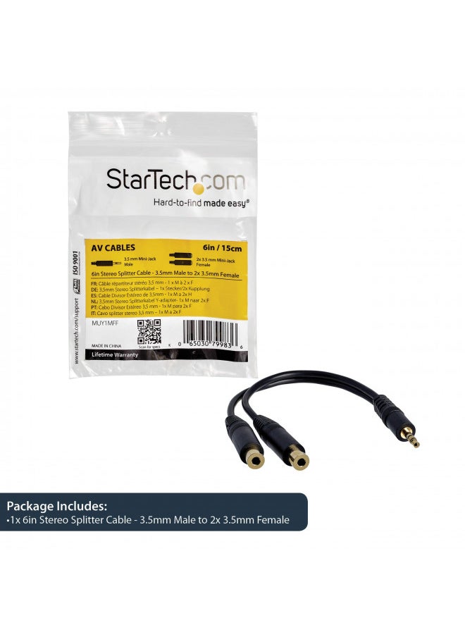 StarTech.com 6 in. 3.5mm Audio Splitter Cable - Stereo Splitter Cable - Gold Terminals - 3.5mm Male to 2x 3.5mm Female - Headphone Splitter (MUY1MFF),Black