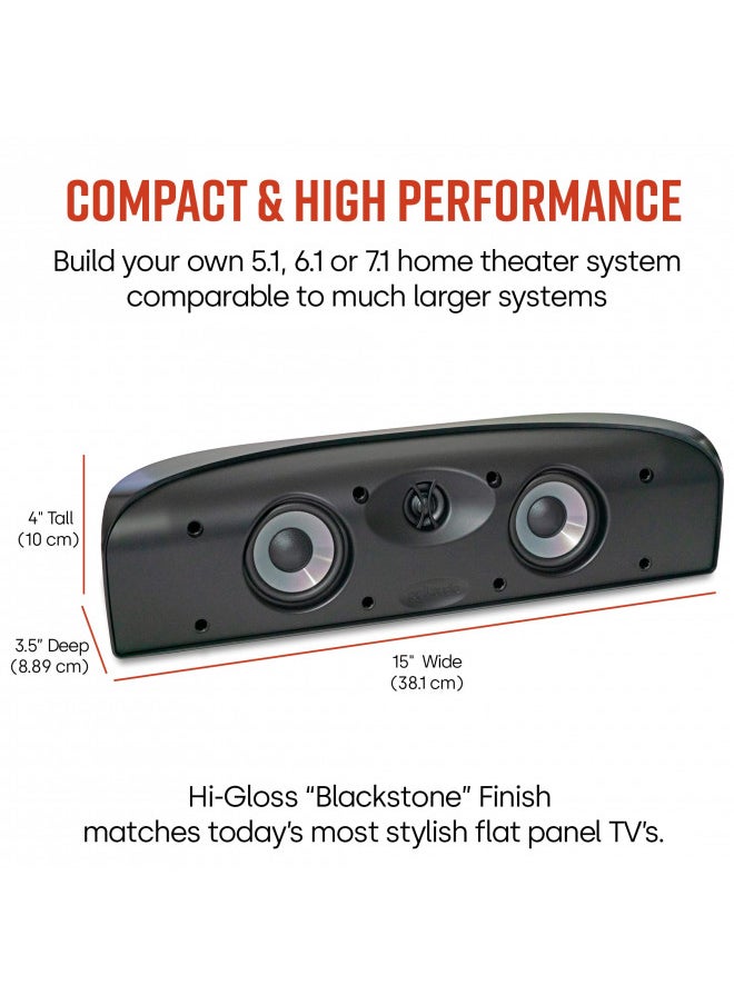 Polk Audio Blackstone TL1 Speaker Center Channel with Time Lens Technology | Compact Size, High Performance, Powerful Bass | Hi-Gloss Blackstone Finish | Create your own Home Entertainment System, small