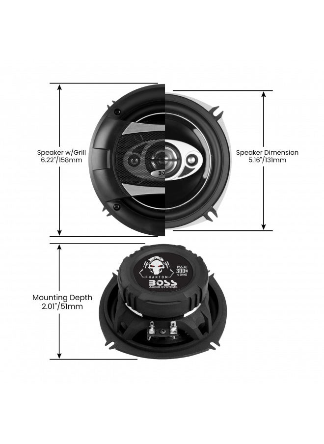 BOSS Audio Systems P55.4C Phantom Series 5.25 Inch Car Stereo Door Speakers - 300 Watts Max, 4 Way, Full Range Audio, Tweeters, Coaxial, Sold in Pairs