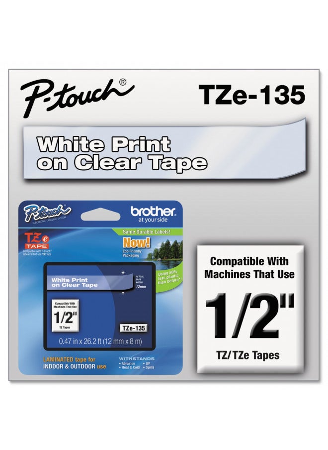 Brother Laminated Tape, Retail Packaging, 1/2 Inch, White, on Clear (TZe135)