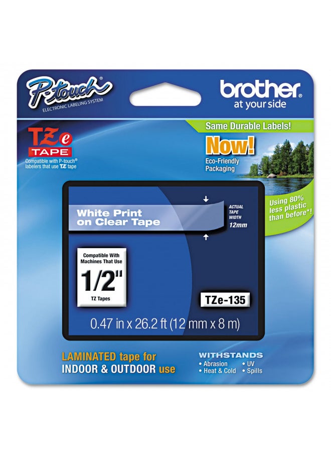 Brother Laminated Tape, Retail Packaging, 1/2 Inch, White, on Clear (TZe135)