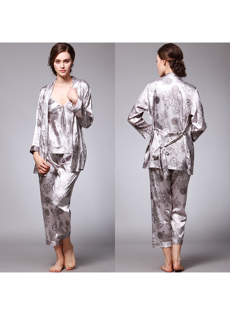 Luxury Silk Couple Pajamas Summer Sleepwear Set TZ013 women's three-piece set Gray