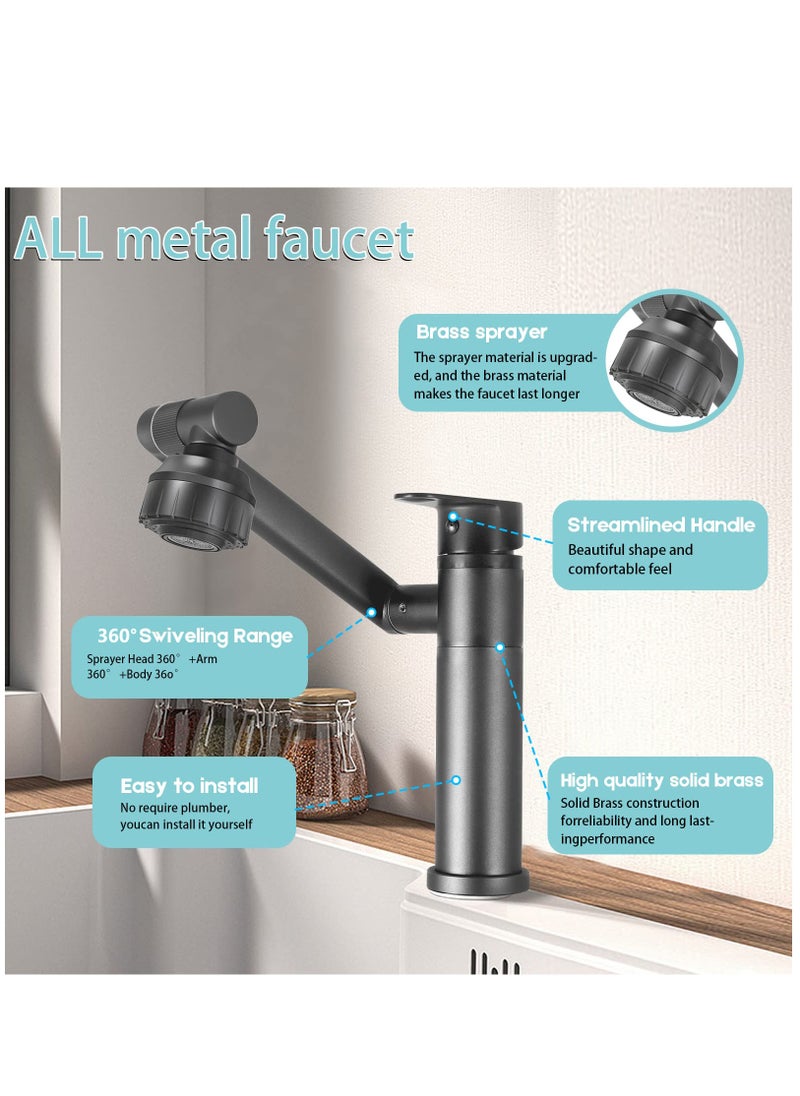 360 Degree Swivel Faucet, Bathroom Sink Faucet w/Big Angle Rotate Spray, Multifunctional 2 Water Mode Robotic Arm Faucet w/Water Gloss, Kitchen Sink Faucet for Bathroom, Kitchen