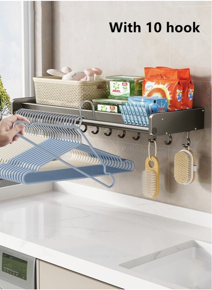 1-Piece Bathroom Laundry Washing Machine Shelf Rack And Hooks And Towel Rack Grey Aluminum Alloy 50x17x5.5 cm