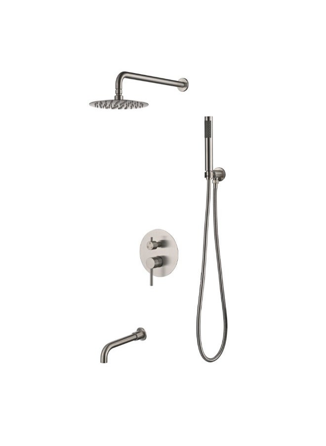 Brushed Nickel Wall Mounted Concealed Bathroom Shower Mixer Taps Set 3 Functions