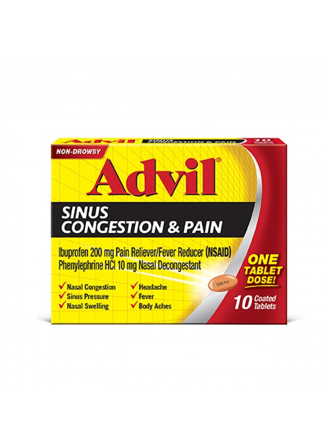 Advil Sinus Congestion and Pain, Sinus Relief Medicine, Pain Reliever and Fever Reducer with Ibuprofen and Phenylephrine HCl - 10 Coated Tablets