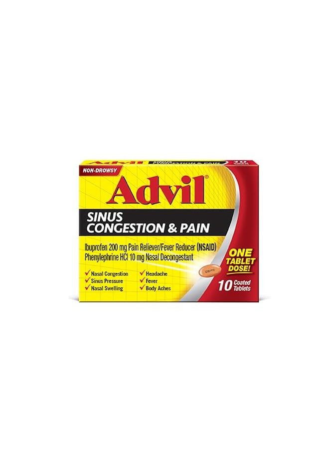 Advil Sinus Congestion and Pain, Sinus Relief Medicine, Pain Reliever and Fever Reducer with Ibuprofen and Phenylephrine HCl - 10 Coated Tablets