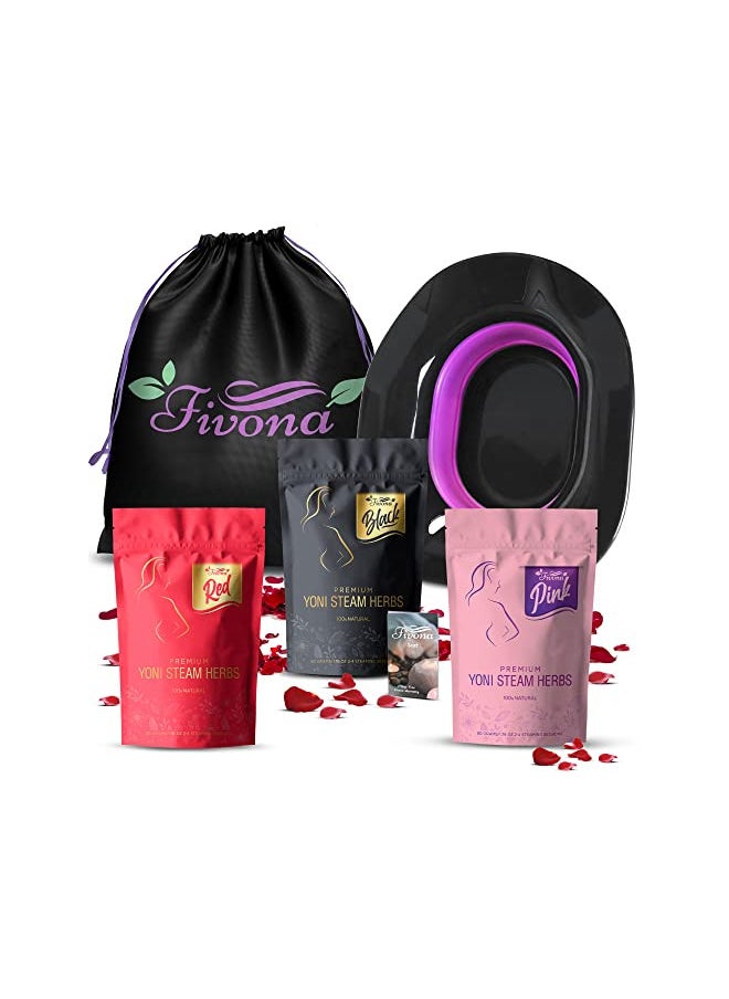 Fivona 5-in-1 Yoni Steaming Kit Foldable Over the Toilet Steamer Seat with Black Red Pink Premium Yoni Herbs and Storage Bag - Effective Detox pH Balance Cleansing and Relaxation - At Home V-SPA