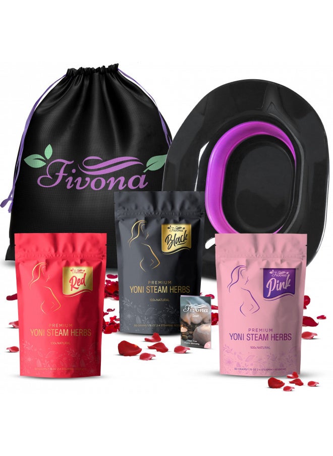 Fivona 5-in-1 Yoni Steaming Kit Foldable Over the Toilet Steamer Seat with Black Red Pink Premium Yoni Herbs and Storage Bag - Effective Detox pH Balance Cleansing and Relaxation - At Home V-SPA