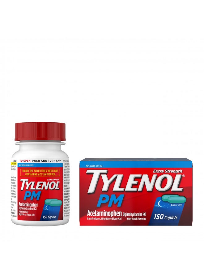 Tylenol PM Extra Strength Nighttime Pain Reliever & Sleep Aid Caplets, 500 mg Acetaminophen & 25 mg Diphenhydramine HCl, Relief for Nighttime Aches & Pains, Non-Habit Forming, 150 ct