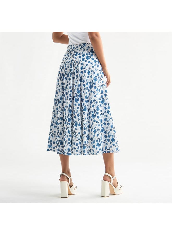 All-Over Print Belted Midi Skirt with Embellished Accent