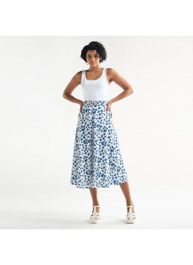 All-Over Print Belted Midi Skirt with Embellished Accent