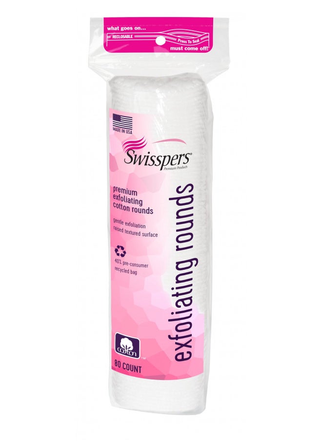 Swisspers Premium Exfoliating Rounds, 2 Distinct Raised Textured Surface, Cotton Facial Pads, 80 Count Re-closable Bag