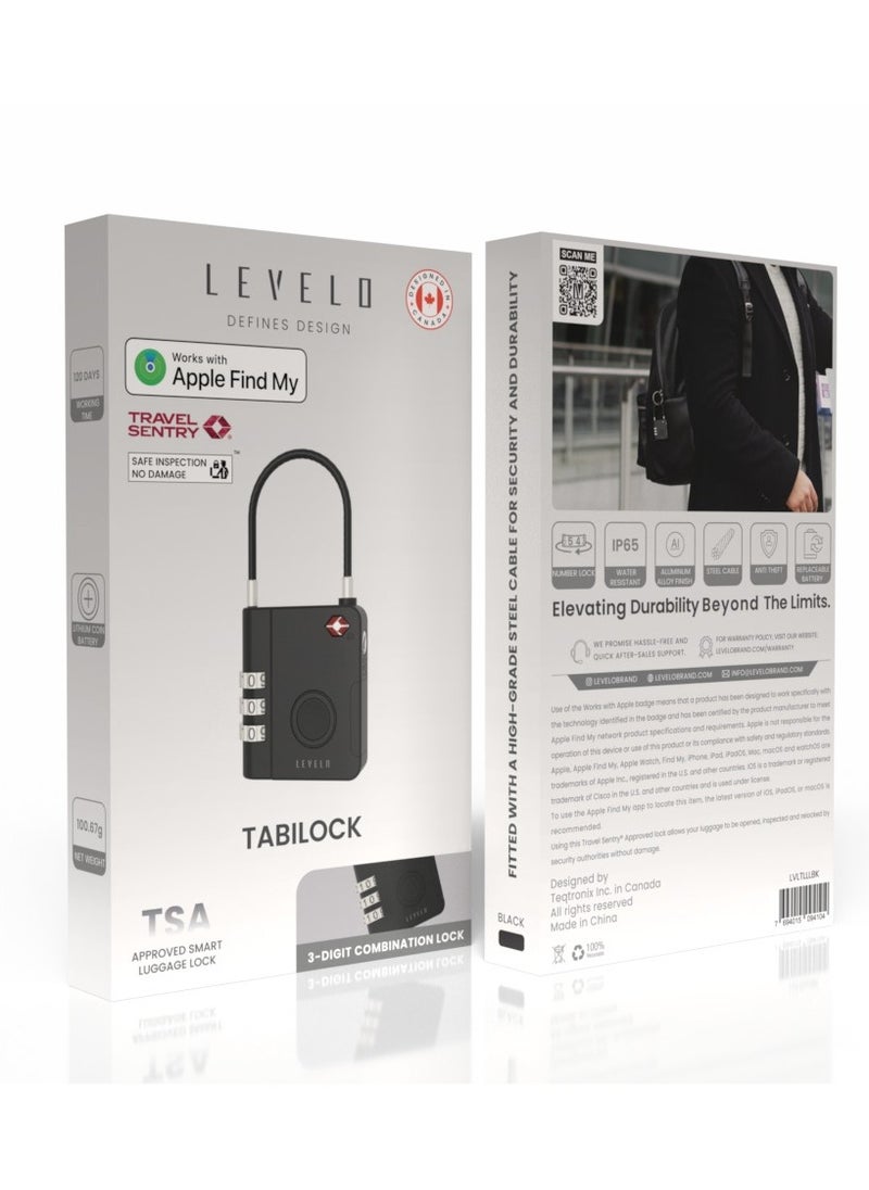 TabiLock TSA Luggage Lock / Aluminum Alloy Finish / Safe Inspection / No Damage / Number Lock / Steel Cable /  Anti Theft / Replaceable Battery /  120 Days Working Time / Works With Apple Find - Black