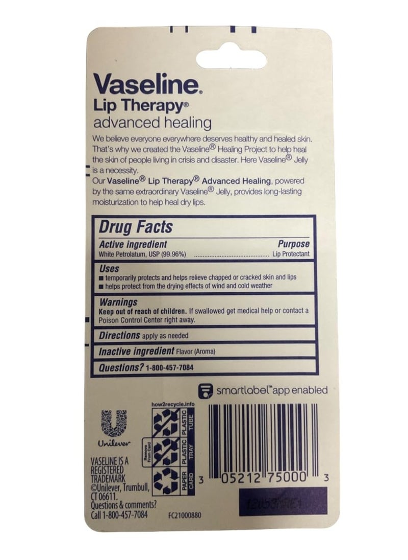 Vaseline Lip Therapy Advanced Healing Lip Balm Tube 3-Pack – White Petroleum Lip Protectant, 0.25 Oz Ea