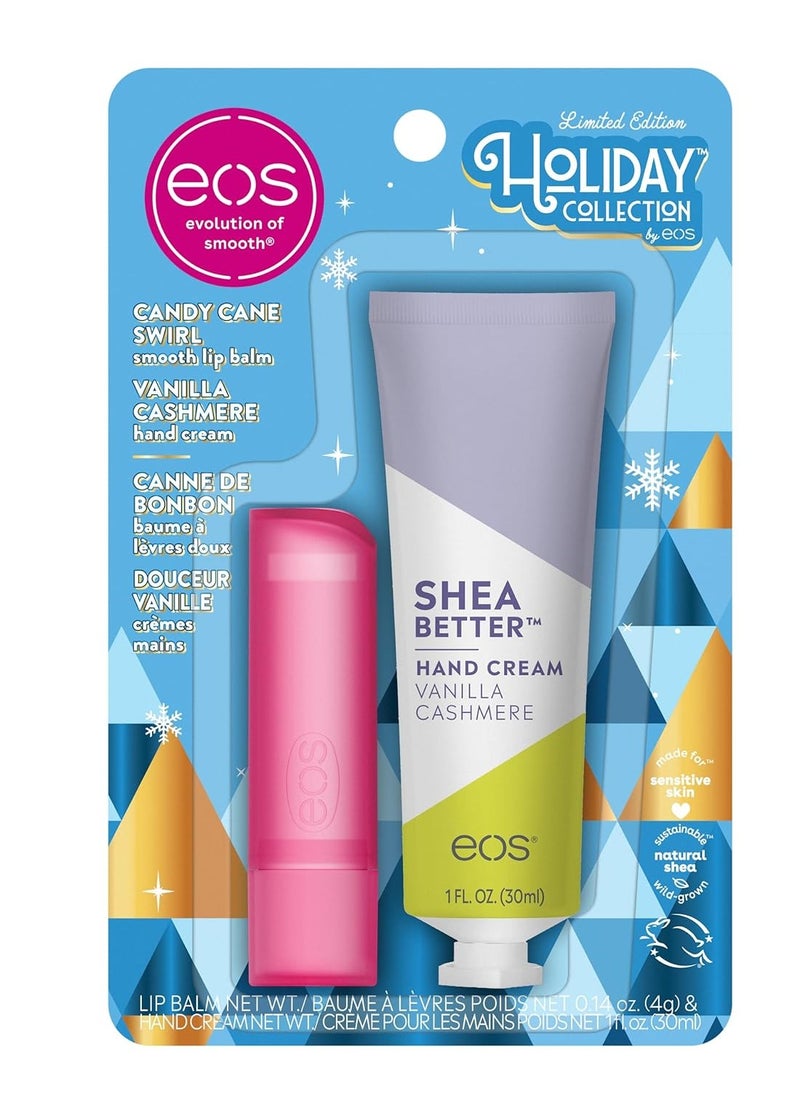 eos Holiday Skin Care Set- Vanilla Cashmere Travel Hand Cream & Candy Cane Swirl Lip Balm, Stocking Stuffers, 1 fl oz Hand Cream + 0.14 oz Lip Balm, 2-Pack