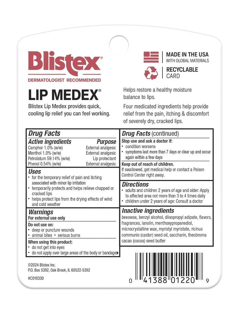 Blistex Lip Medex 0.25 oz. 3-count Medicated Lip Balm & Cooling Lip Care, Lip Moisturizer for Dry Cracked Lips, Fast Relief for Sore Lips,