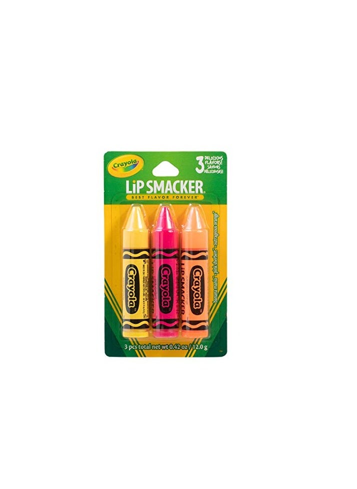 Lip Smacker Crayola Crayon Flavored Lip Balm - Moisturizing, Soothing Trio Banana Mania, Pink Sherbert, & Outrageous Orange