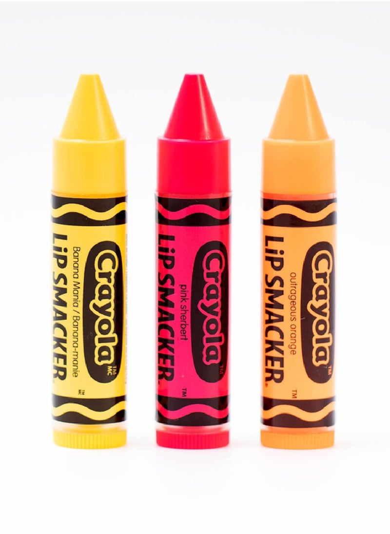 Lip Smacker Crayola Crayon Flavored Lip Balm - Moisturizing, Soothing Trio Banana Mania, Pink Sherbert, & Outrageous Orange