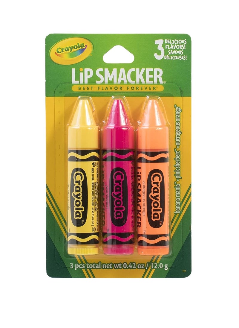 Lip Smacker Crayola Crayon Flavored Lip Balm - Moisturizing, Soothing Trio Banana Mania, Pink Sherbert, & Outrageous Orange