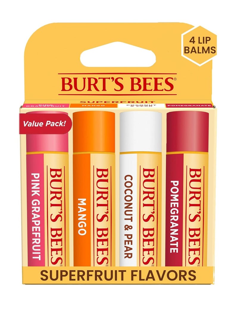 Burt's Bees Lip Balm Stocking Stuffers, Moisturizing Lip Care Christmas Gifts, SuperFruit - Pomegranate, Coconut & Pear, Mango, Pink Grapefruit, Natural Origin Treatment (4-Pack)