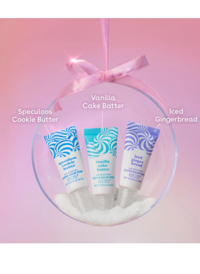 eos Holiday 24H Moisture Mini Super Balm Set- Speculoos Cookie Butter, Iced Gingerbread, Vanilla Cake Batter, Limited-Edition Lip Care, Stocking Stuffers, 0.20 fl oz, 3-Pack