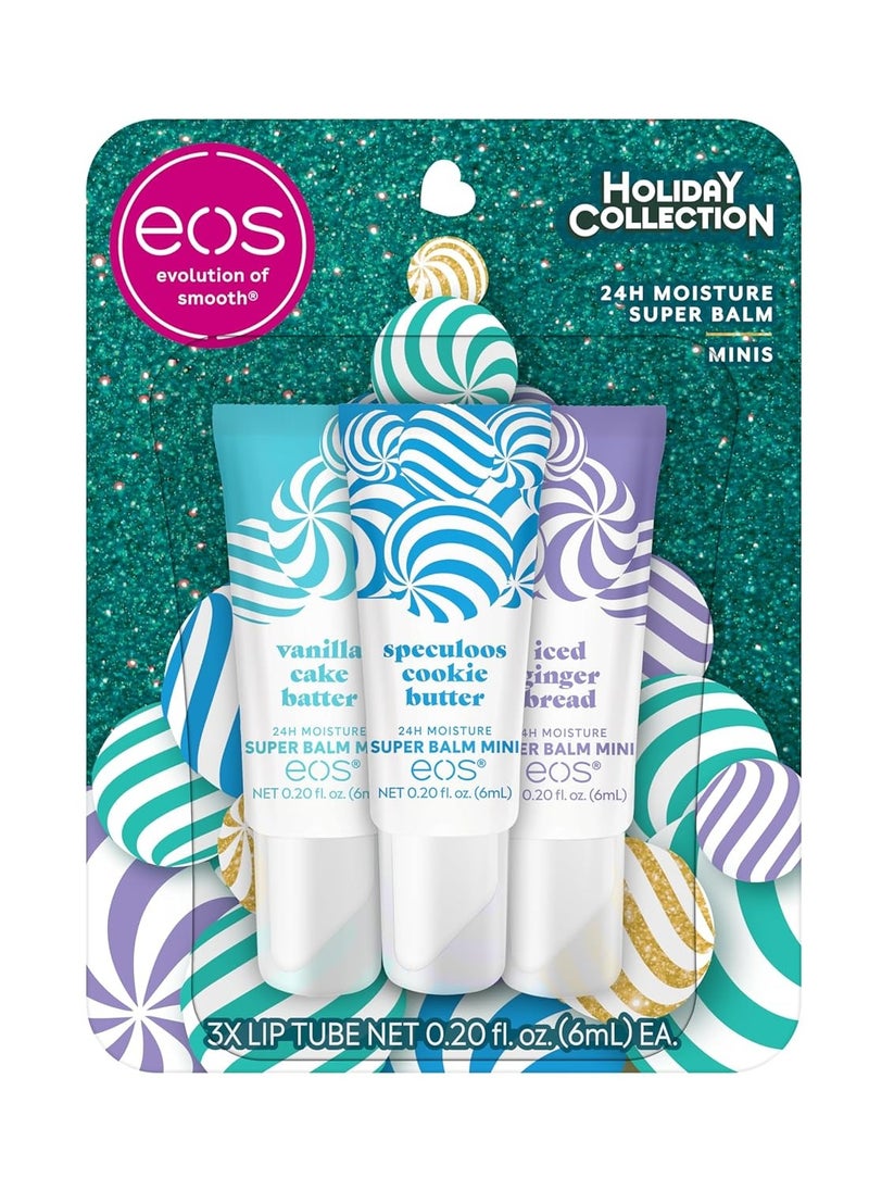 eos Holiday 24H Moisture Mini Super Balm Set- Speculoos Cookie Butter, Iced Gingerbread, Vanilla Cake Batter, Limited-Edition Lip Care, Stocking Stuffers, 0.20 fl oz, 3-Pack