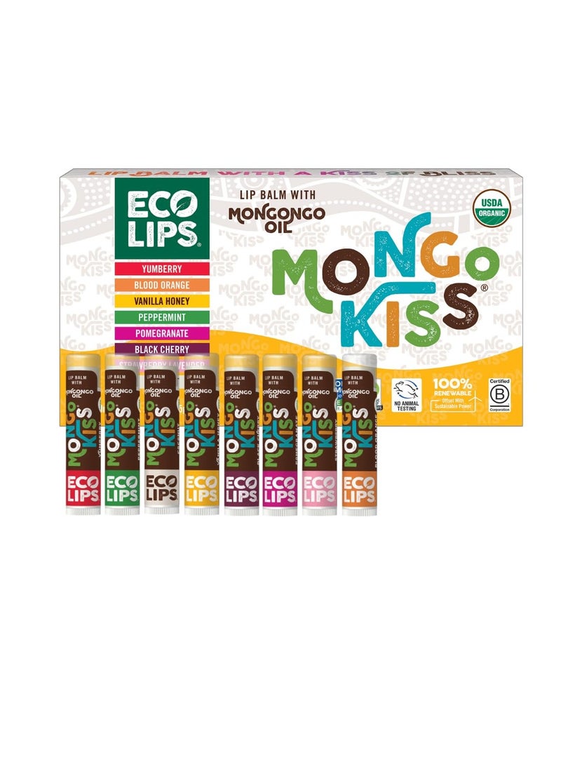 Mongo Kiss USDA Organic Lip Balm Set 8-pack (0.15 oz. each) with Mongongo Oil & Cocoa Butter to Moisturize Chapped Lips | Made in USA by Eco Lips (Variety)