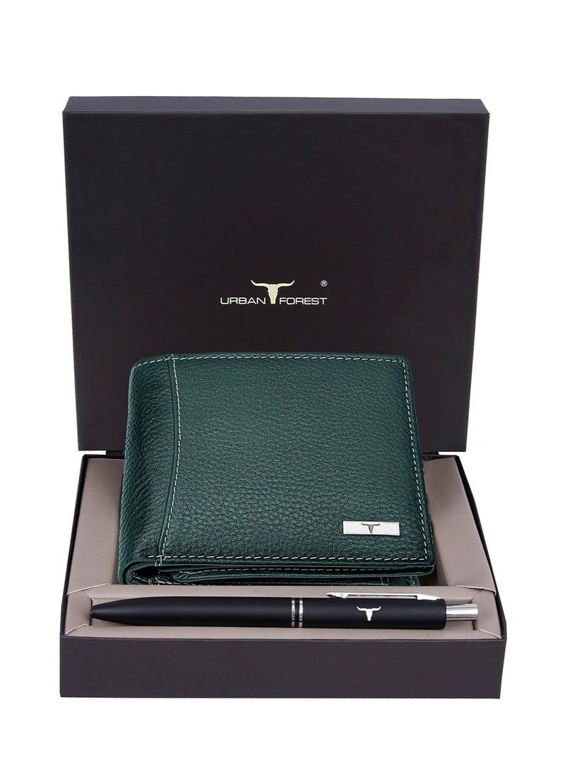 URBAN FOREST Oliver Green Leather Wallet & Pen Combo Gift Set for Men