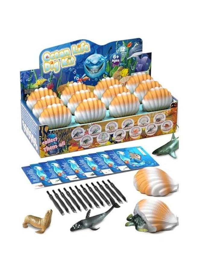 Ocean Animals Dig Kit - Party Favors for Kids Seashell Dig Bricks, Exploring 12 Sea Animal Toys Set, Ocean Life Excavation Science Kit for Fun Good Education  Gift for Kids Boys Girls