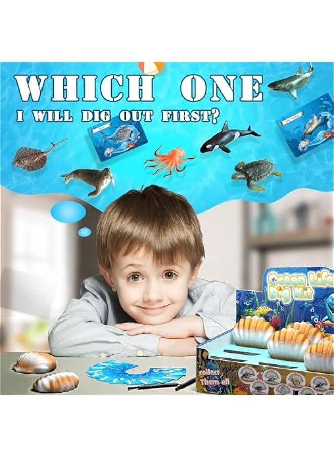 Ocean Animals Dig Kit - Party Favors for Kids Seashell Dig Bricks, Exploring 12 Sea Animal Toys Set, Ocean Life Excavation Science Kit for Fun Good Education  Gift for Kids Boys Girls