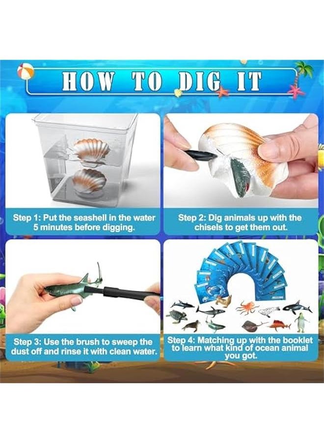 Ocean Animals Dig Kit - Party Favors for Kids Seashell Dig Bricks, Exploring 12 Sea Animal Toys Set, Ocean Life Excavation Science Kit for Fun Good Education  Gift for Kids Boys Girls