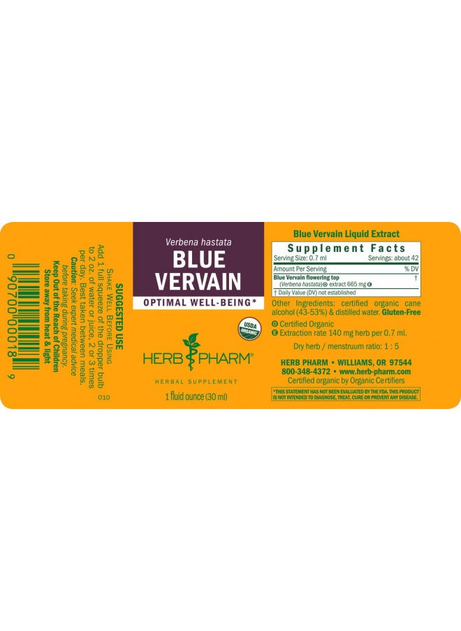 Herb Pharm Certified Organic Vervain Liquid Extract, Blue, 1 Fl Oz