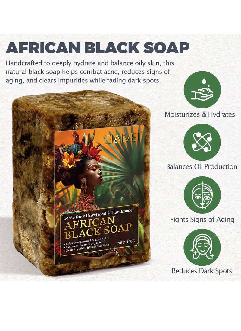 100g African Black Soap for Face and Body Wash with Shea Butter Fade Dark Spots and Acne Spots Anti Aging Hydrates Balance Oily Skin 100% Raw Organic Unrefined and Handmade African Black Soap