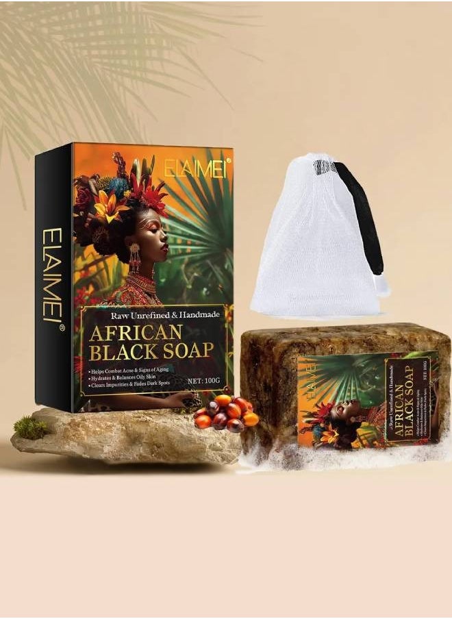 100g African Black Soap for Face and Body Wash with Shea Butter Fade Dark Spots and Acne Spots Anti Aging Hydrates Balance Oily Skin 100% Raw Organic Unrefined and Handmade African Black Soap