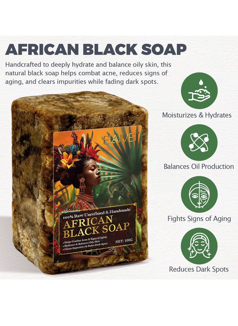 100g African Black Soap for Face and Body Wash with Shea Butter Fade Dark Spots and Acne Spots Anti Aging Hydrates Balance Oily Skin 100% Raw Organic Unrefined and Handmade African Black Soap