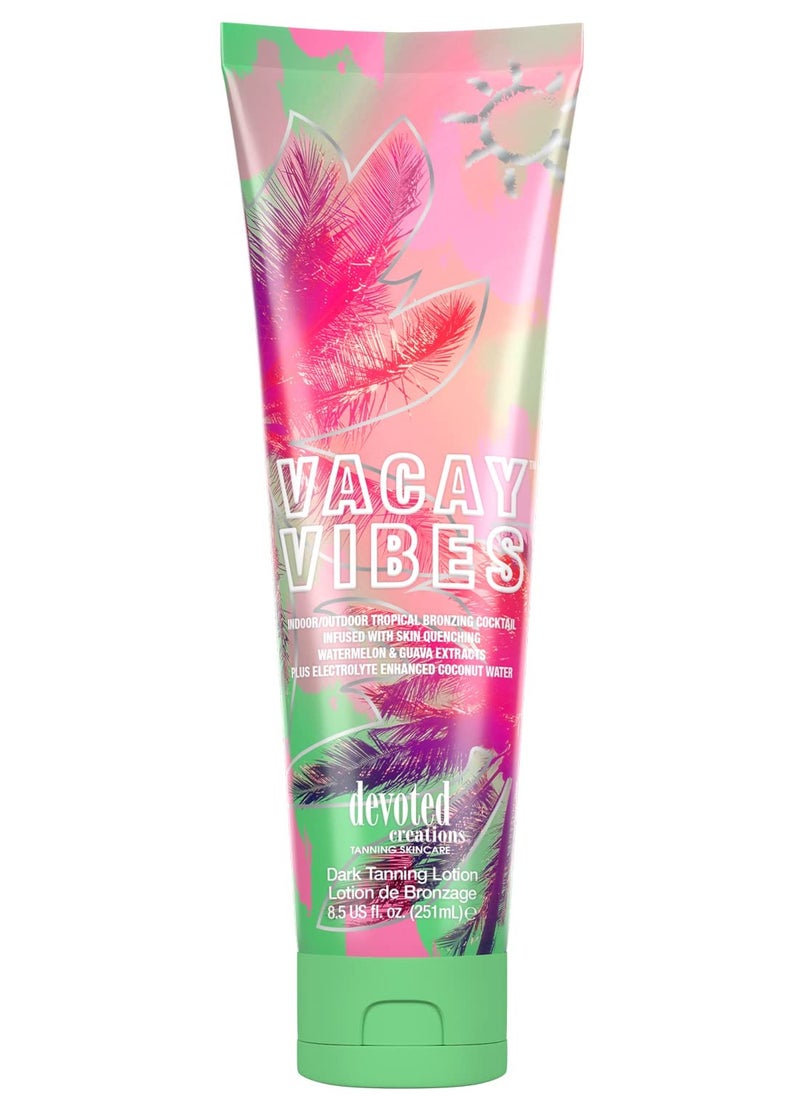 Devoted Creations Vacay Vibes Tanning Lotion – Indoor/Outdoor Tropical Bronzing Cocktail Infused with Skin Quenching Watermelon and Guava Extracts, plus Electrolyte Enhanced Coconut Water – 8.5 oz.