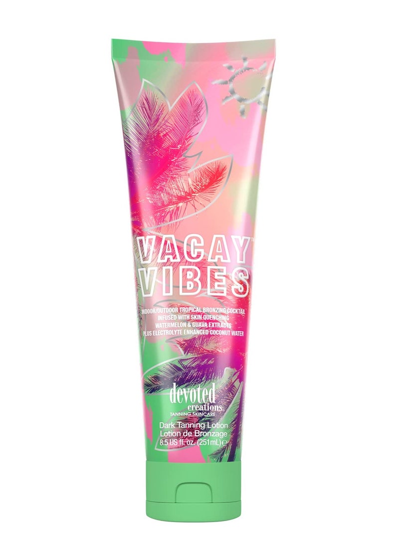 Devoted Creations Vacay Vibes Tanning Lotion – Indoor/Outdoor Tropical Bronzing Cocktail Infused with Skin Quenching Watermelon and Guava Extracts, plus Electrolyte Enhanced Coconut Water – 8.5 oz.