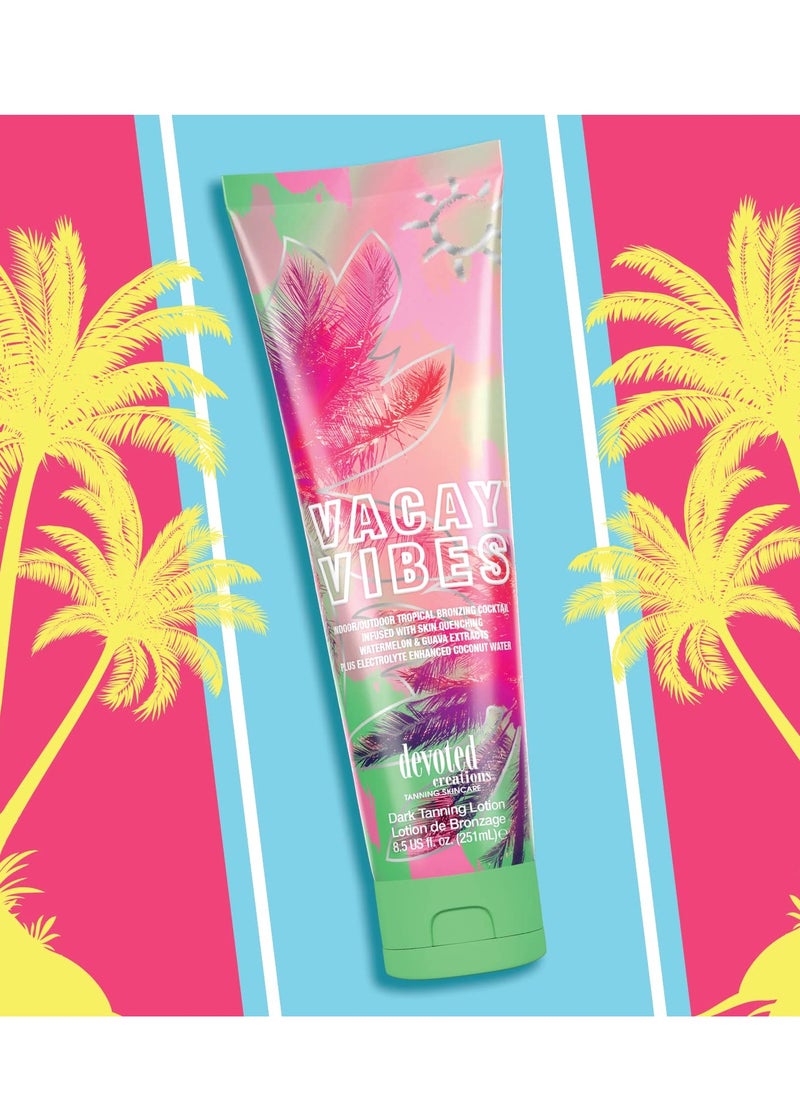 Devoted Creations Vacay Vibes Tanning Lotion – Indoor/Outdoor Tropical Bronzing Cocktail Infused with Skin Quenching Watermelon and Guava Extracts, plus Electrolyte Enhanced Coconut Water – 8.5 oz.