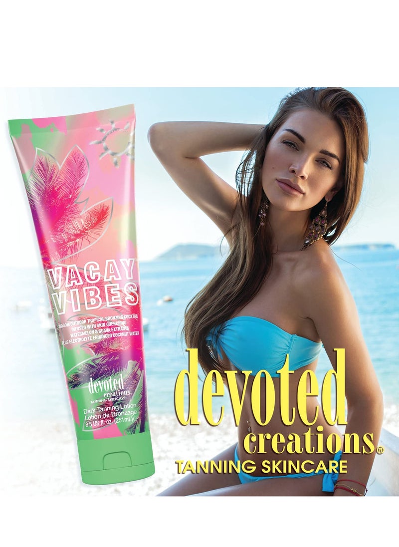 Devoted Creations Vacay Vibes Tanning Lotion – Indoor/Outdoor Tropical Bronzing Cocktail Infused with Skin Quenching Watermelon and Guava Extracts, plus Electrolyte Enhanced Coconut Water – 8.5 oz.