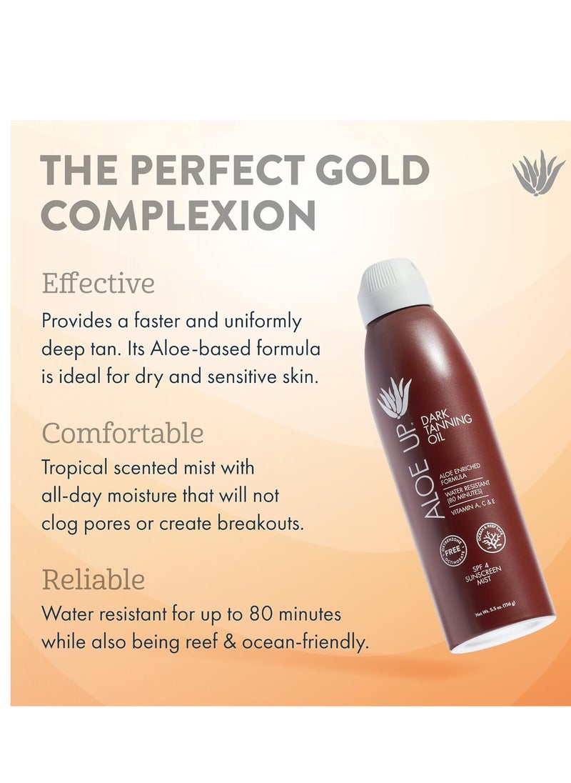 Aloe Up SPF 4 Dark Tanning Oil - Body and Face Tanning Continuous Spray for Outdoor Sun - With Sunscreen, Pure Aloe Vera, and Natural Oils - Dries Clear - Reef Friendly - Fresh Tropical Scent - 6 Oz