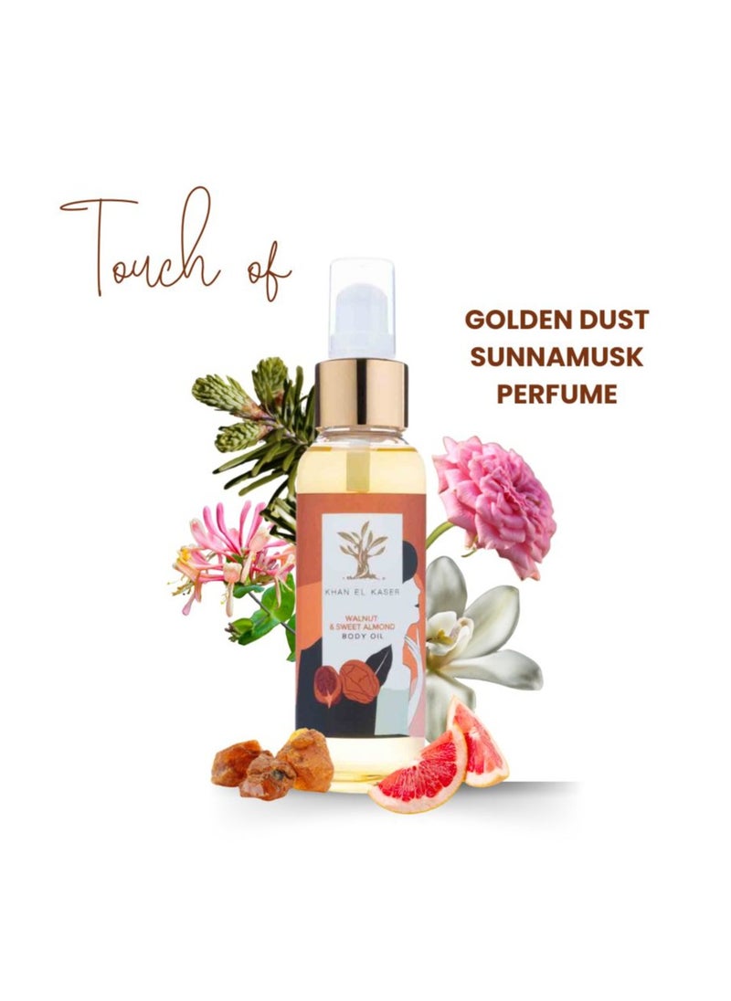 Body Oil - Walnut and Sweet Almond | Touch of Golden Dust Sunnamusk Perfume | Deep Hydration, Skin Nourishment, and Long-Lasting Fragrance | Smooth, Glowing Skin | Natural Ingredients | 100ml