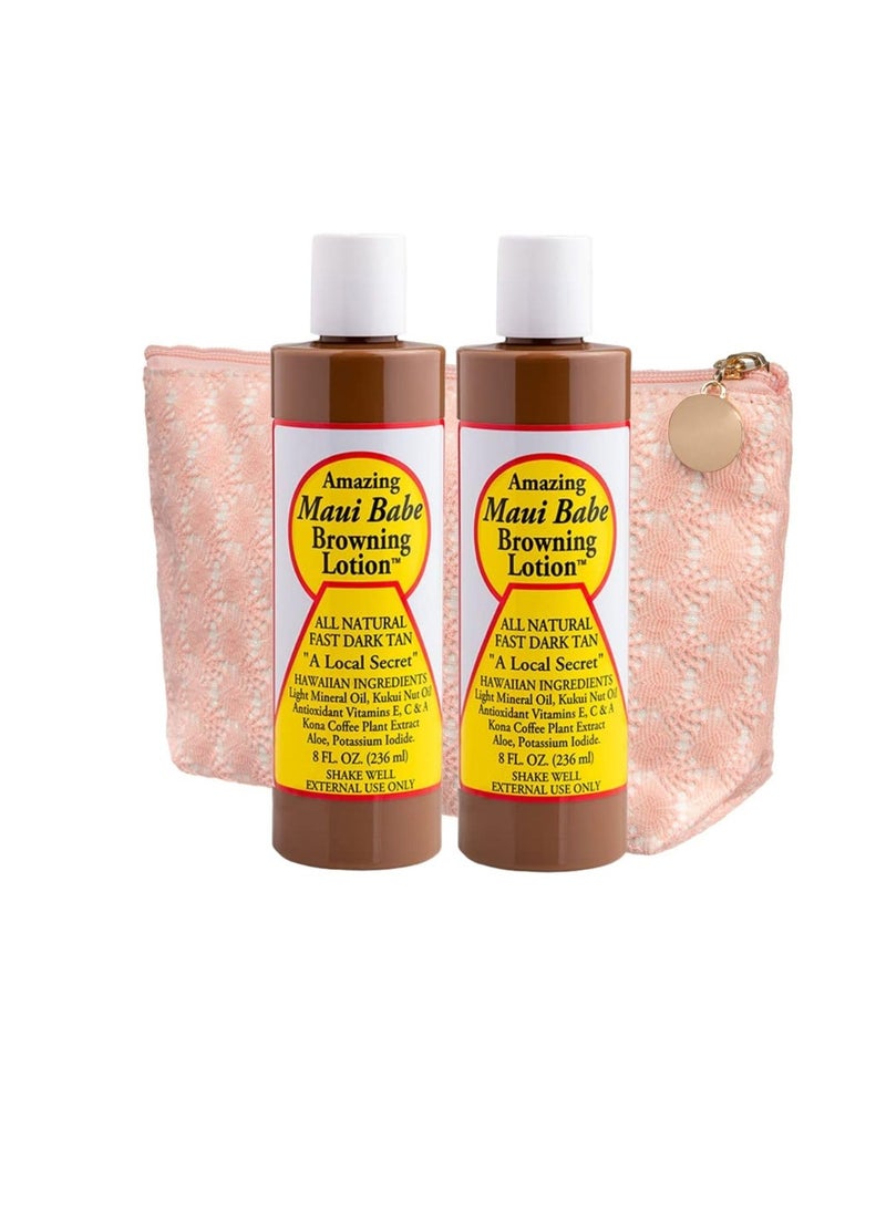 Maui Babe Browning Lotion - Outdoor Tanning Lotion 8 ounce (Pack of 2) with Makeup Bag - Amazing Maui Babe Suntan Lotion - Tanning Formula Sun Lotion