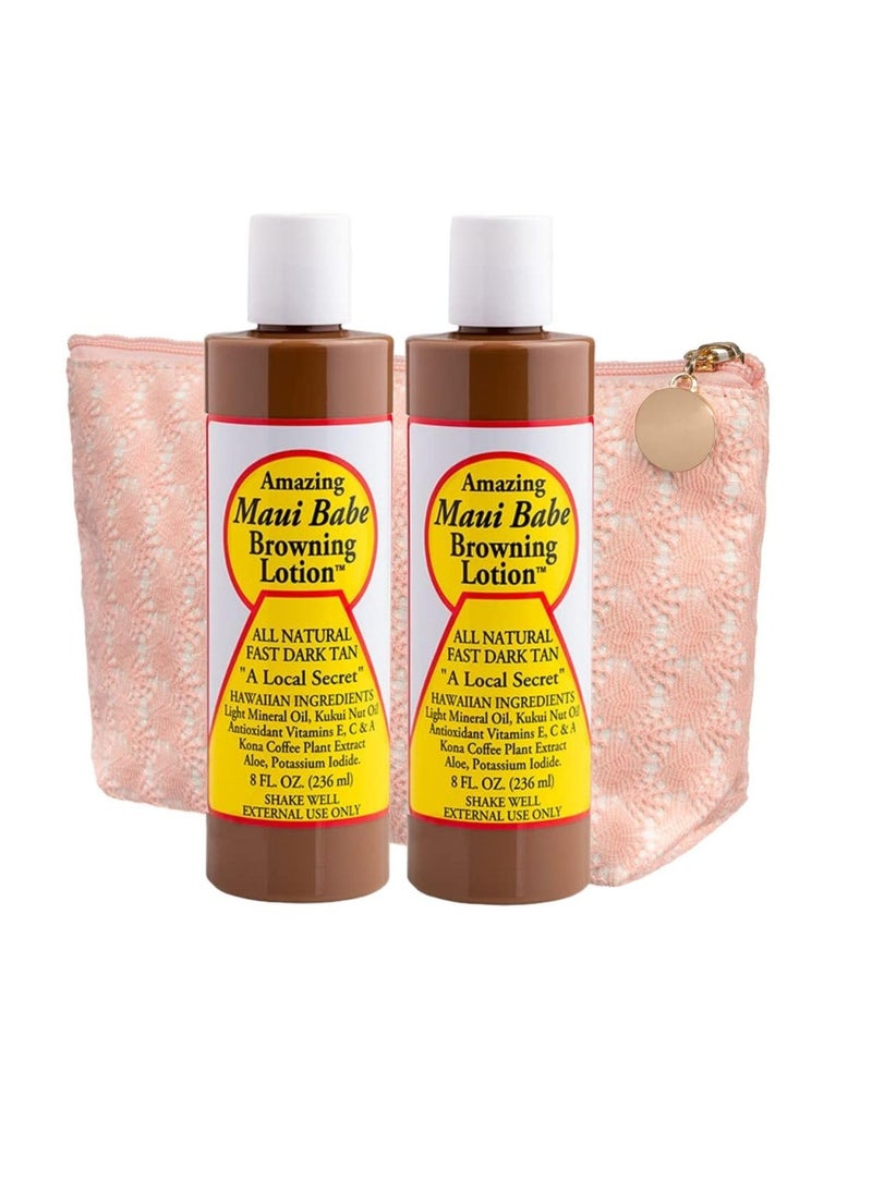 Maui Babe Browning Lotion - Outdoor Tanning Lotion 8 ounce (Pack of 2) with Makeup Bag - Amazing Maui Babe Suntan Lotion - Tanning Formula Sun Lotion