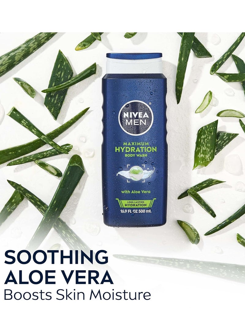 NIVEA MEN Maximum Hydration Body Wash with Aloe Vera, Long-Lasting Hydrating Body Wash for Men, 3 Pack of 16.9 Fl Oz Bottles