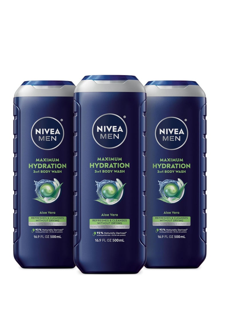 NIVEA MEN Maximum Hydration Body Wash with Aloe Vera, Long-Lasting Hydrating Body Wash for Men, 3 Pack of 16.9 Fl Oz Bottles