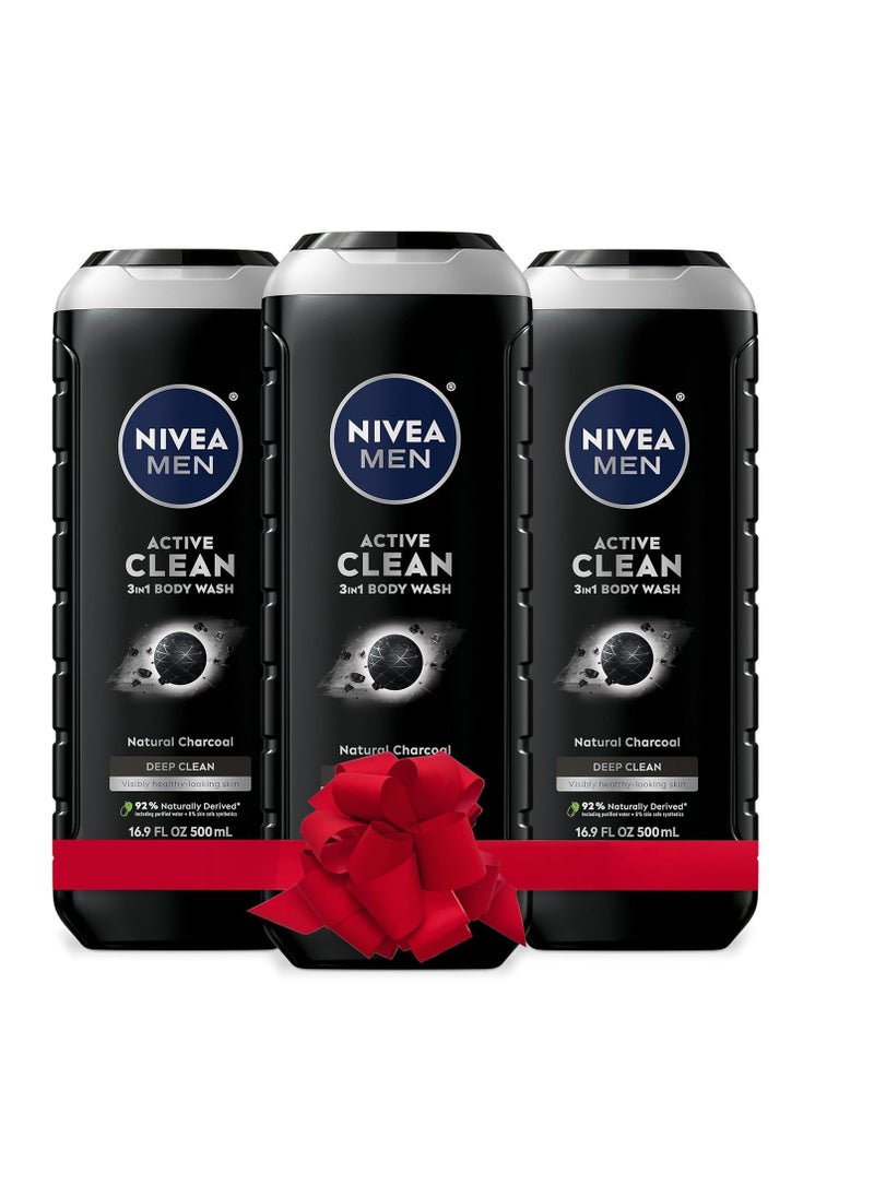 NIVEA MEN DEEP Active Clean Charcoal Body Wash, Cleansing Body Wash with Natural Charcoal, 3 Pack of 16.9 Fl Oz Bottles