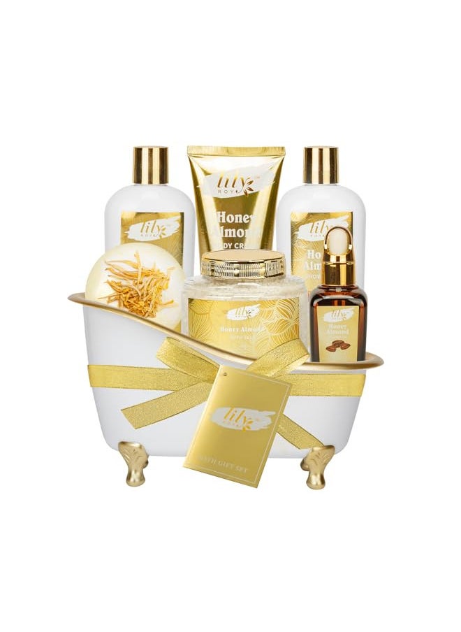 LILY ROY Spa Gift Tub Baskets Set for Women 7pcs Honey Almond Body Wash Bath and Body Sets for Women Gift Works Birthday Christmas Spa Bath Gifts for Women and Men Spa Kit Perfum Self Skin Care Set